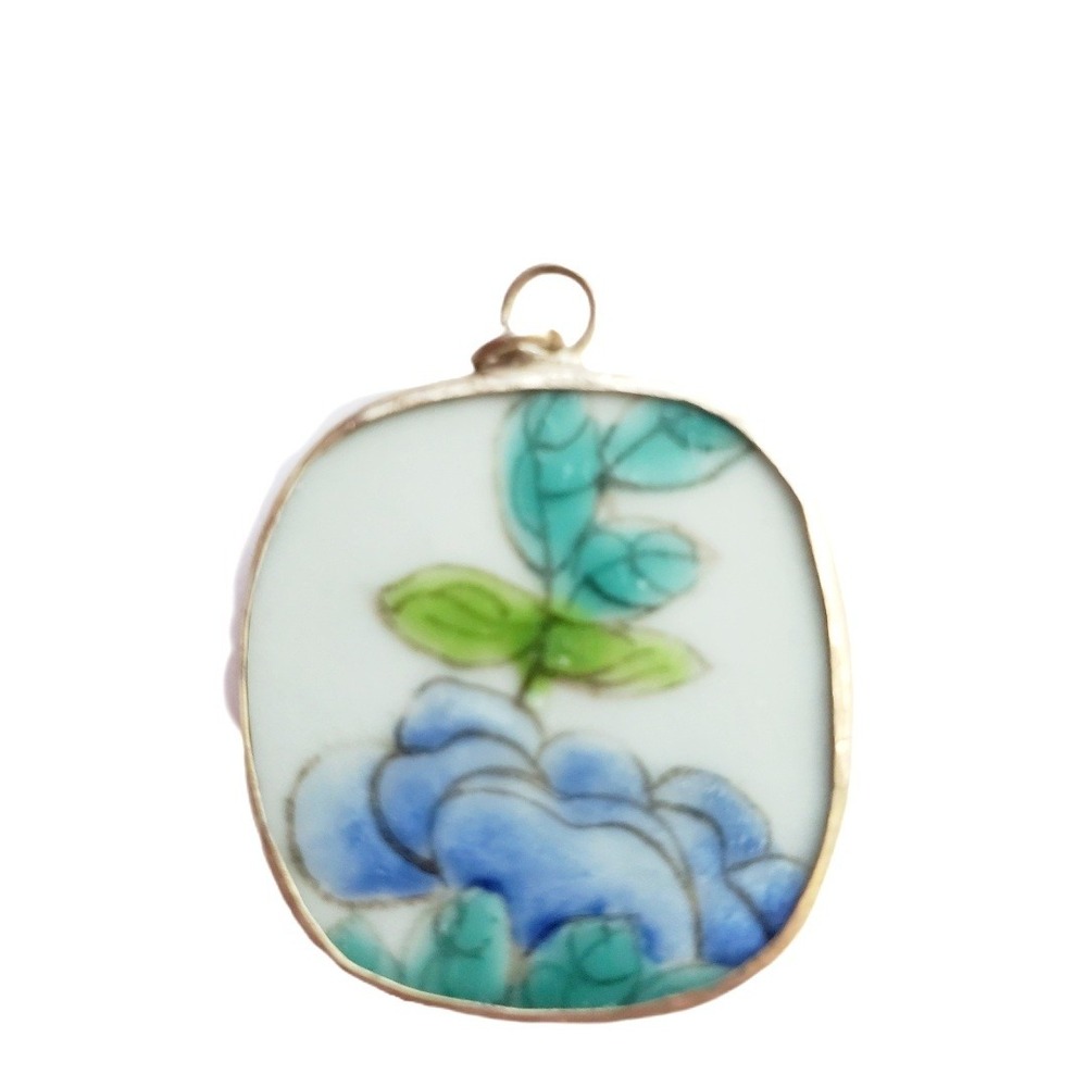 Vintage Hand Painted Porcelain Floral Pottery Shard Pendant Blue & Green Flower